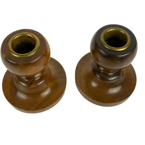 Myrtlewood Candle Holders Pair Grants Pass Oregon Hand-Turned Brass Inserts Vtg - Picture 5 of 6